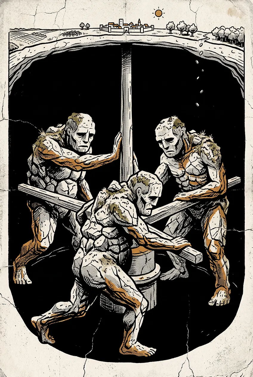 Illustration of enormous beings turning a buried capstan beneath the world